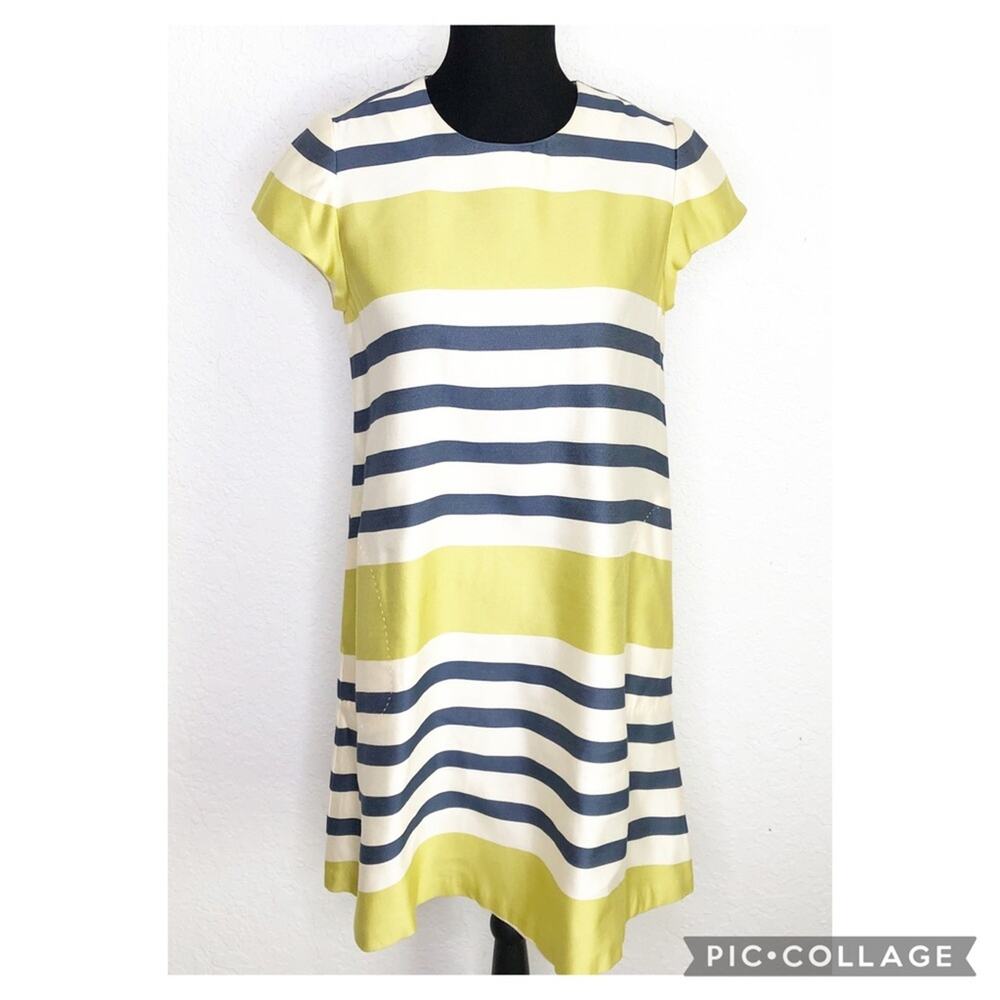 J McLaughlin cream‎ navy lime green striped dress size Small